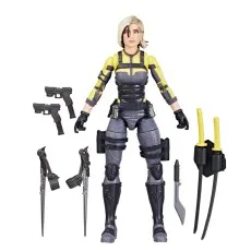 G.I. Joe Classified Agent Helix figure standing with her two pistols, two knives, and two katanas.