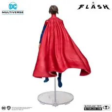 Back view of The Flash movie Supergirl figure on a clear stand, showing the full spread of her red cape.