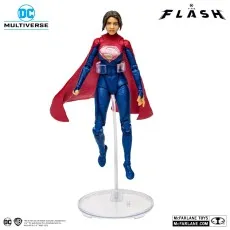 Full view of The Flash movie Supergirl figure on a clear flight stand, floating with her red cape flowing.
