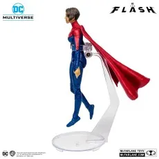 Side profile of Supergirl figure in a flying pose on the clear action stand with red cape flowing.