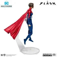 Side view of the DC Multiverse Supergirl figure on a flight stand, with her red cape flowing behind her.