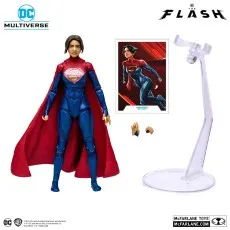 The Flash movie Supergirl action figure with alternate hands, collector card, and clear flight stand.