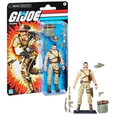 G.I. Joe Recondo retro card figure, unboxed, with backpack, hat, rifle, pistol, and stand.