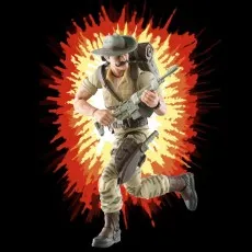 G.I. Joe Recondo figure running from an explosion, wearing a hat, backpack, and holding a rifle