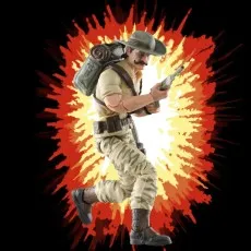 G.I. Joe Recondo figure running with rifle and backpack against a graphic explosion background.