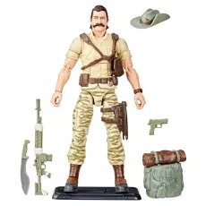 G.I. Joe Recondo figure standing on a base with his hat, backpack, rifle, pistol, and knife laid out