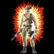 G.I. Joe Recondo figure standing, holding a rifle and kukri knife, against an explosion graphic.