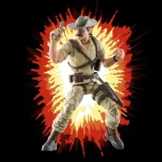 G.I. Joe Recondo figure with a hat and mustache, posed with a pistol against an explosion graphic.