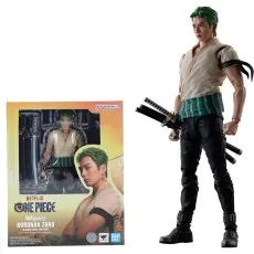 SHFiguarts Roronoa Zoro figure from the Netflix One Piece series, displayed with his box and three swords.