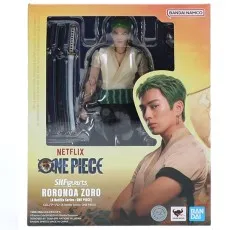 Front packaging of the One Piece live-action Zoro action figure with actor's photo.