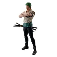 S.H.Figuarts Roronoa Zoro figure with green hair, arms crossed, standing with three katanas.
