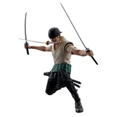 S.H.Figuarts Zoro figure in his three-sword style, wearing a black cap, with one katana in his mouth.