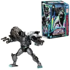 Transformers Legacy Evolution Lio Convoy figure in beast mode and packaging, a gray mechanical lion.