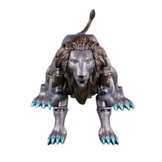 Detailed shot of the gray mechanical lion Transformer with a snarling face and black mane.