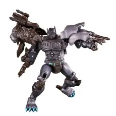 Fully transformed Nemesis Leo Prime action figure, showing its dark gray armor and blue light-up details.