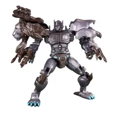 Transformers Nemesis Leo Prime in robot mode, with a lion head on one shoulder and an eagle on the other.
