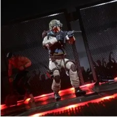 G.I. Joe Classified Airborne figure aiming a rifle in a cage, illuminated by a red light.