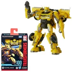 Transformers Studio Series 100 Bumblebee action figure in robot mode next to its retail box.