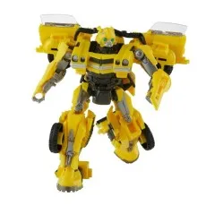 Yellow Studio Series Bumblebee action figure in robot mode, mid-stride, isolated on white.