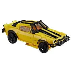 Yellow Studio Series Bumblebee toy in its customized Camaro vehicle mode with black racing stripes.