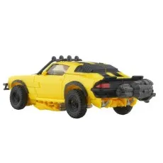 Yellow Studio Series Bumblebee toy in vehicle mode as an off-road Camaro, rear-facing view..
