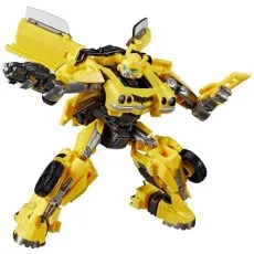 Yellow Transformers Bumblebee figure in a dynamic crouched pose, aiming its arm cannon.