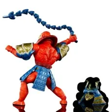 Rear view of the red Beast Man figure in armor, swinging his blue chain whip, with his helmet detached.