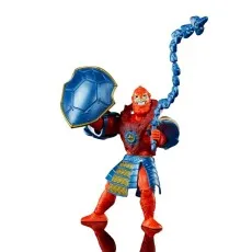 Red Beast Man action figure wearing blue armor, holding a blue turtle-shell shield and chain whip.