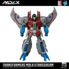 Threezero MDLX Starscream action figure in robot mode, gray, red, and blue, against a white background.