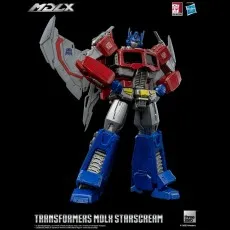 Front-facing view of the articulated Threezero MDLX Starscream figure on a black background.