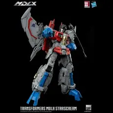 Gray, red, and blue Starscream toy with large jet wings, standing in a striking dynamic pose.