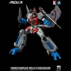 MDLX Starscream action figure in a wide, commanding pose, wielding two silver blades on his arms.
