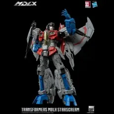 MDLX Starscream action figure posed dramatically with one blue arm raised, ready for battle.