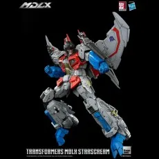 MDLX Starscream action figure posed mid-stride with his arms up, featuring his red chest and blue limbs.