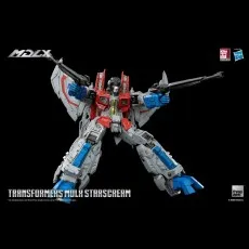 MDLX Starscream action figure with both arms extended, aiming his dual null ray cannons.