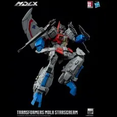 MDLX Starscream action figure with wings spread, floating in an aggressive, dynamic pose.