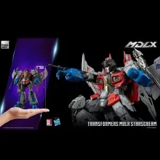 Threezero MDLX Starscream figure size comparison image, with a hand holding a smaller version.