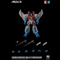 Threezero Transformers MDLX Starscream action figure in robot mode with all its accessories laid out below.
