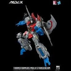 Transformers MDLX Starscream action figure posed mid-air, firing his null ray cannons.