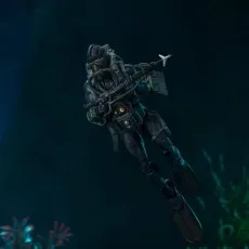 Action figure of a military frogman, fully geared with fins and a speargun, appearing to swim underwater.