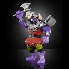 Mutated Ram Man action figure from Turtles of Grayskull, purple and in armor, raising a silver battle axe.