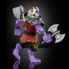 Mutated Ram Man action figure in red and silver armor, purple body, with an axe in each hand.