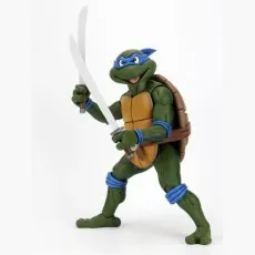 Teenage Mutant Ninja Turtles Leonardo figure in a battle pose, smiling and dual-wielding katanas.