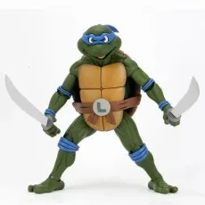 Teenage Mutant Ninja Turtles Leonardo figure in a wide stance, wielding two katana swords.