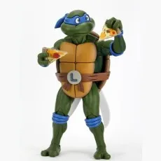 Teenage Mutant Ninja Turtles Leonardo figure with blue mask, holding two slices of pizza.