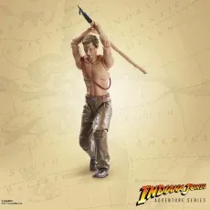 Hypnotized Indiana Jones action figure, shirtless and ready to strike with a spear on a map background.