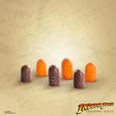 Six dark brown and bright orange cylindrical toy relics or bullets, sitting on an old map background.