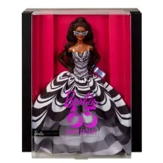 Barbie 65th Anniversary Signature doll in box, wearing a black and white gown and cat-eye sunglasses.