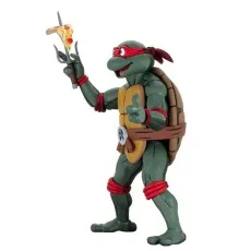Action figure of Raphael showing his cartoon-style face and chest, holding a weapon and a slice of pizza.