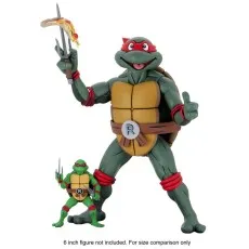 Large Raphael figure with a pizza slice on his sai, standing next to a smaller Raphael figure for comparison.